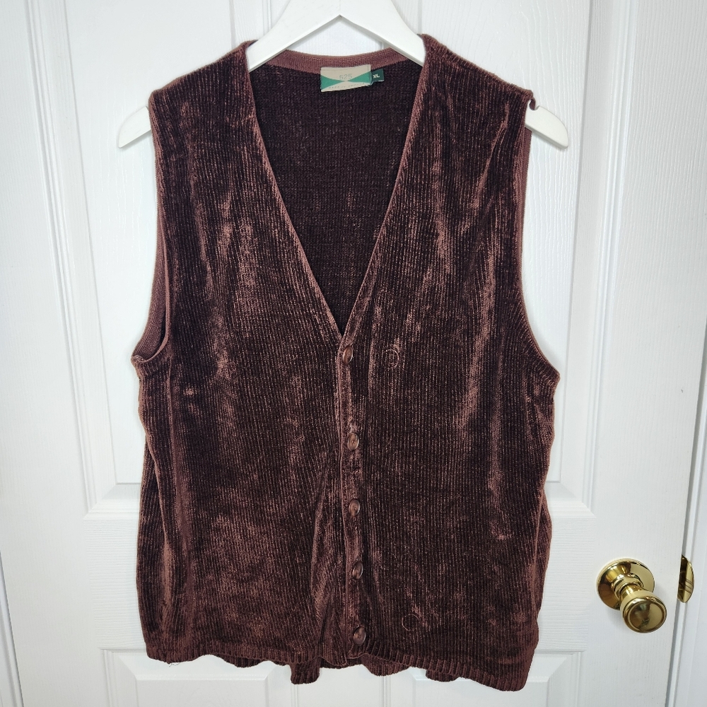 Vintage 525 Brown Chenille Button Sweater Vest Size Extra Large Made In USA